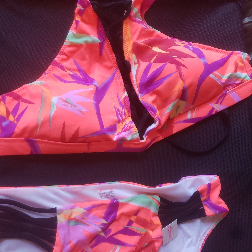 PINK Victoria's Secret Neon Floral Bikini Set - Coral, Purple, Mint